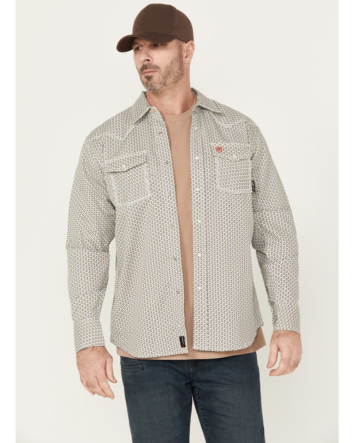Image #1 - Ariat Men's Rebar FR Venice Printed Long Sleeve Snap Work Shirt, White, hi-res