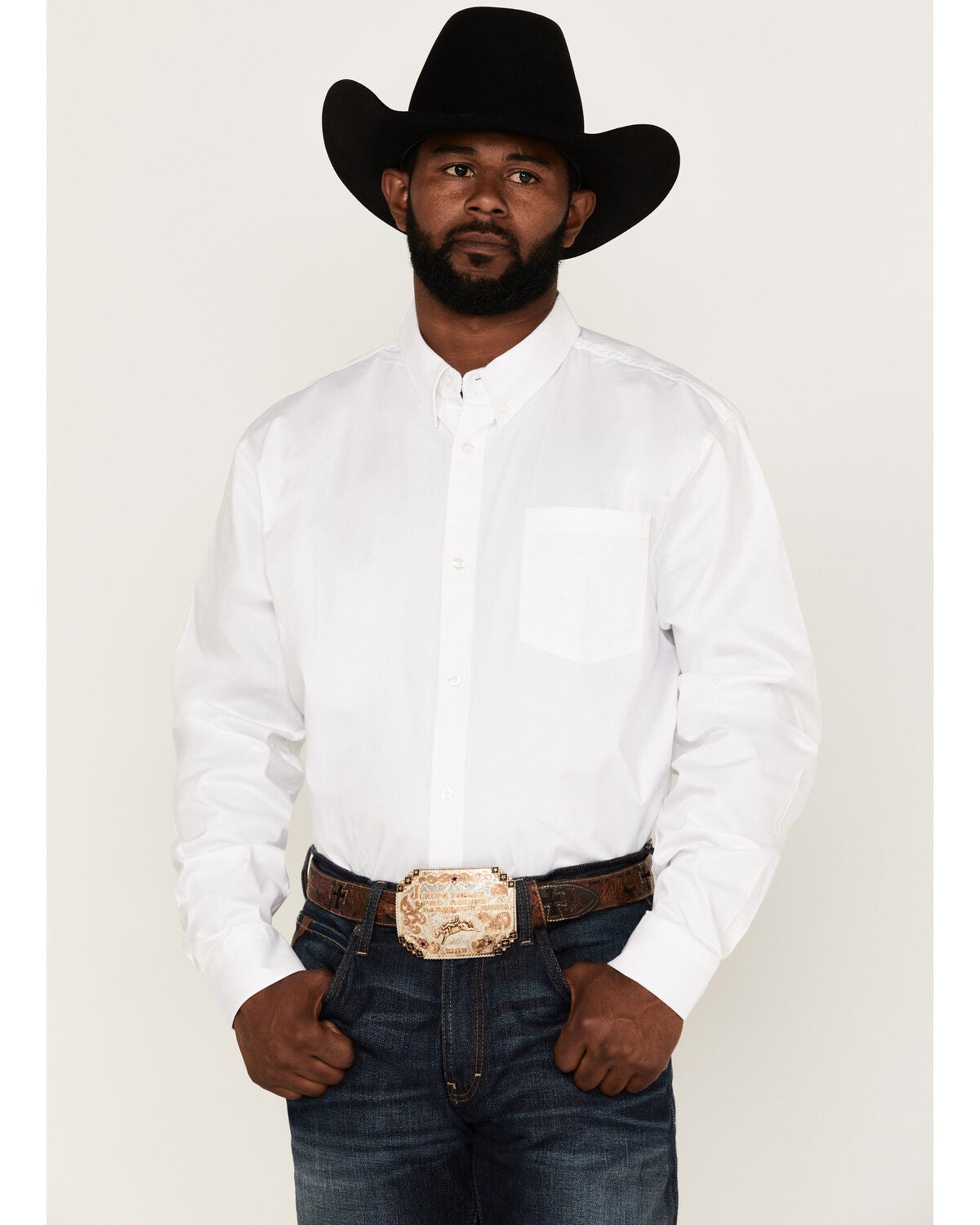RANK 45&reg; Men's Solid Basic Twill Logo Long Sleeve Button-Down Western Shirt, White, hi-res