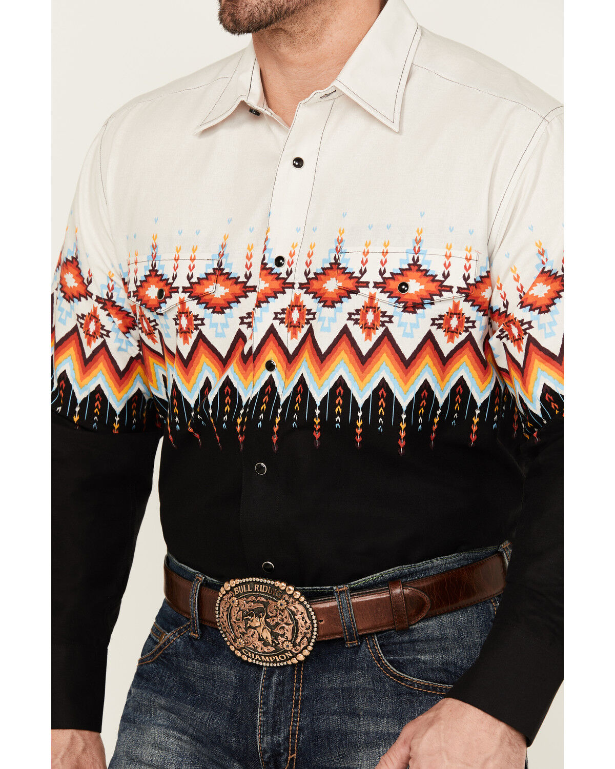Image #3 - Panhandle Men's Southwestern Border Print Long Sleeve Snap Western Shirt, Black, hi-res