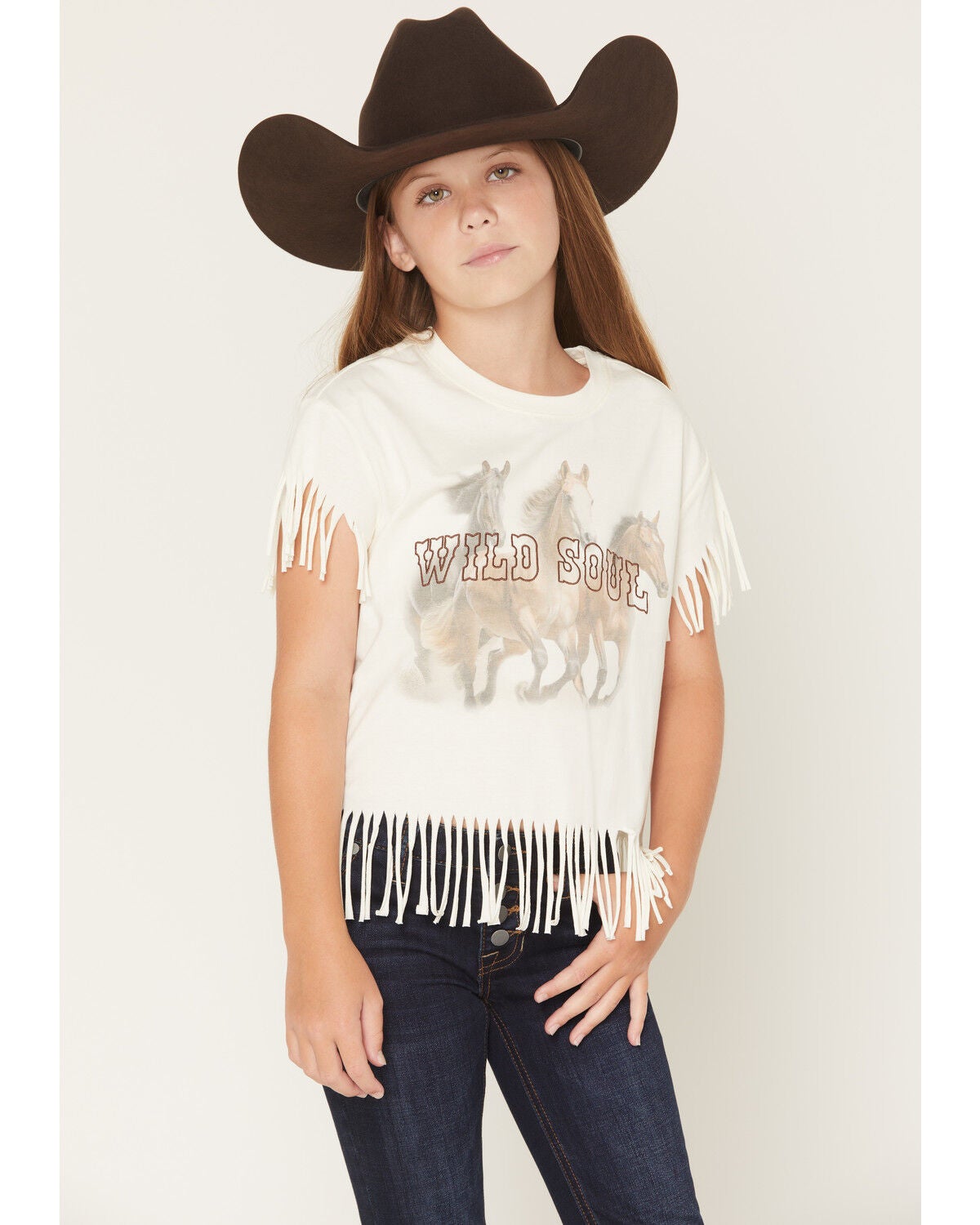 Shyanne Girls' Wild Soul Short Sleeve Fringe Graphic Tee, Beige, hi-res