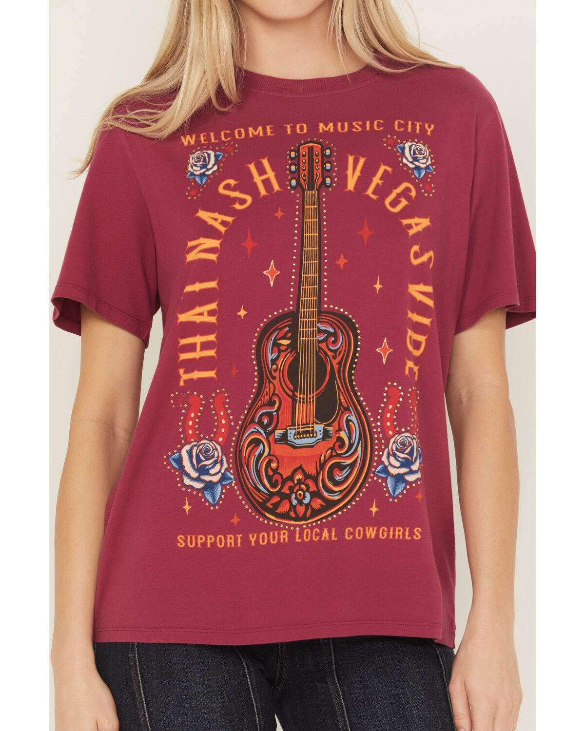 Image #3 - Idyllwind Women's Rhinestone Music City Short Sleeve Boyfriend Graphic Tee, Maroon, hi-res