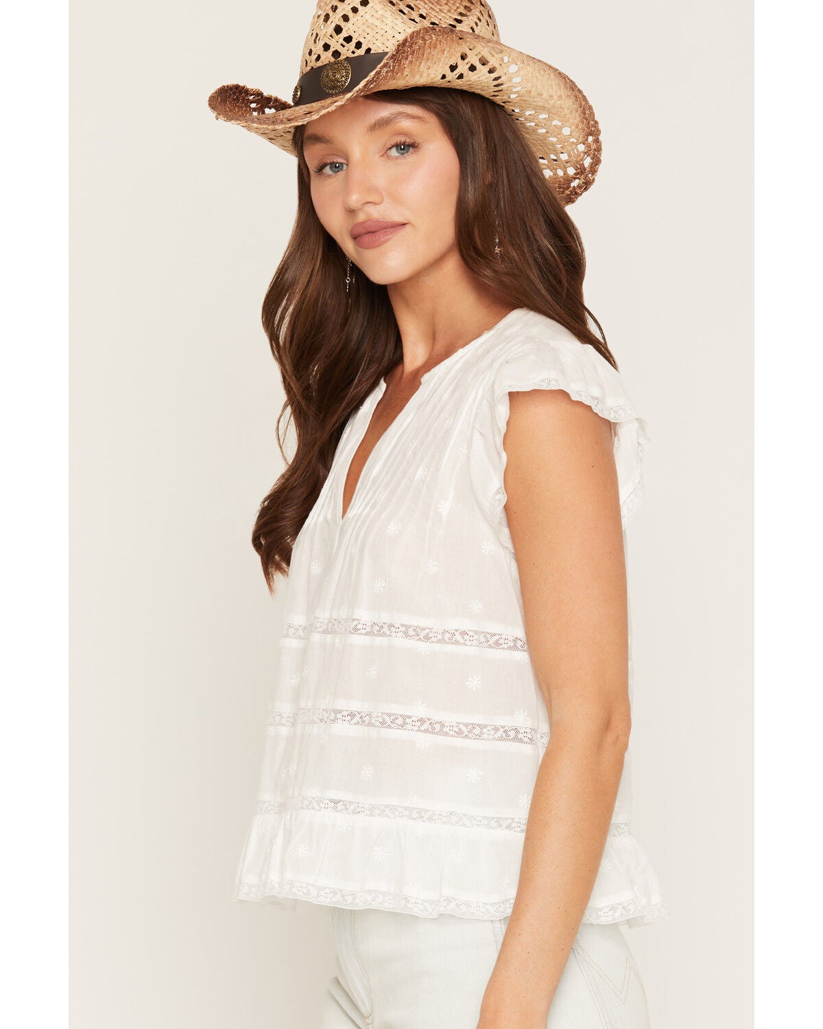Image #2 - Lovestitch Women's Solid Pleated Lace Short Sleeve Shirt, White, hi-res