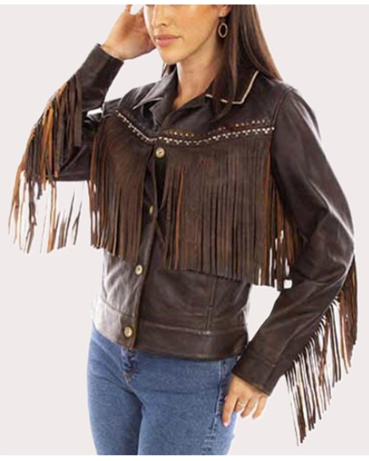 Image #1 - Scully Women's Fringe Leather Jacket, Chocolate, hi-res