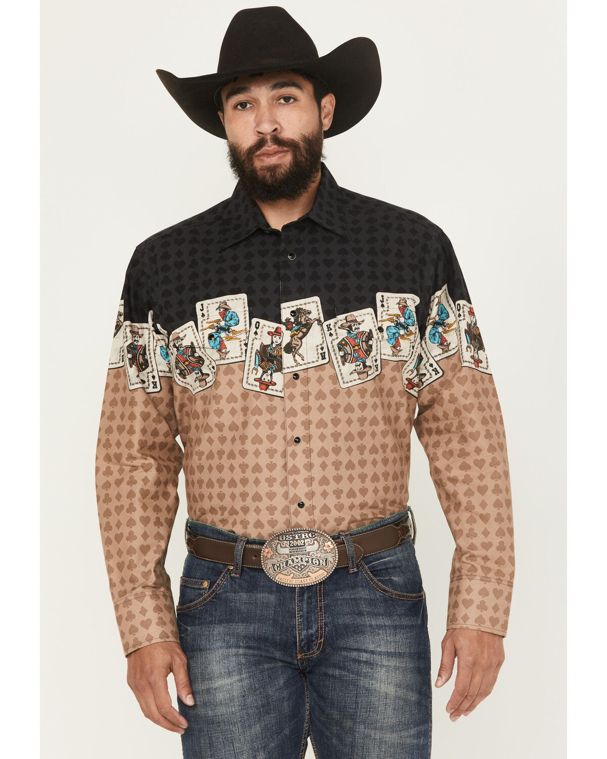 Image #1 - Panhandle Slim Men's Cards Border Long Sleeve Snap Western Shirt, Tan, hi-res