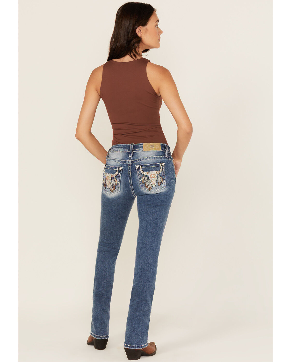 Image #1 - Miss Me Women's Medium Wash Mid Rise Steer Head Bootcut Stretch Denim Jeans, Medium Wash, hi-res