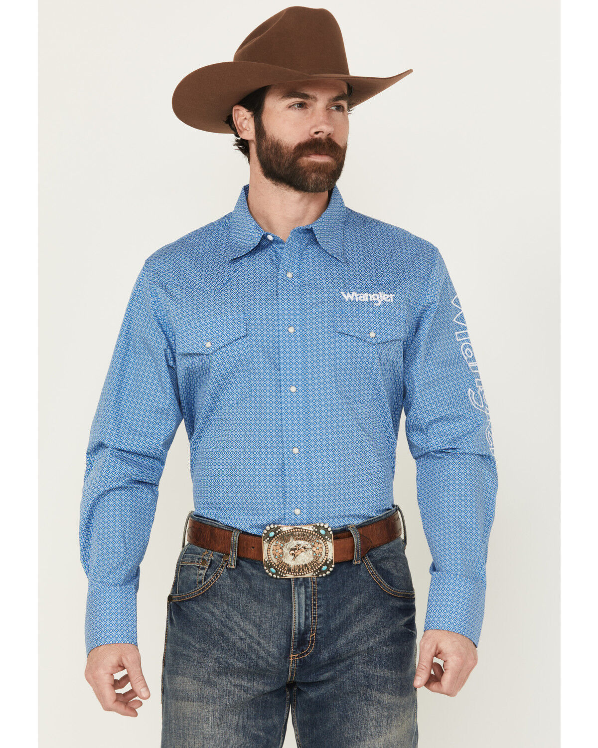 Image #1 - Wrangler Men's Geo Print Logo Long Sleeve Snap Western Shirt, Blue, hi-res