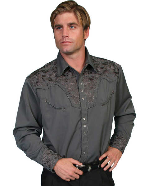 Image #1 - Scully Men's Charcoal Embroidered Gunfighter Shirt - Big, Charcoal, hi-res