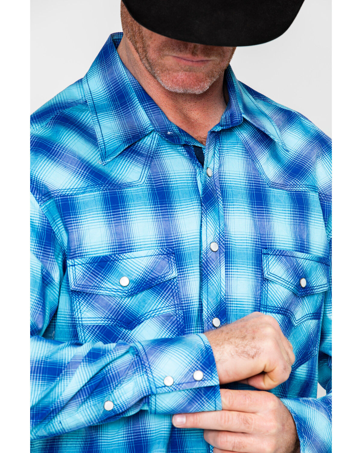 Image #4 - Rock & Roll Denim Men's Crinkle Washed Yarn Dye Plaid Long Sleeve Western Shirt, Blue, hi-res