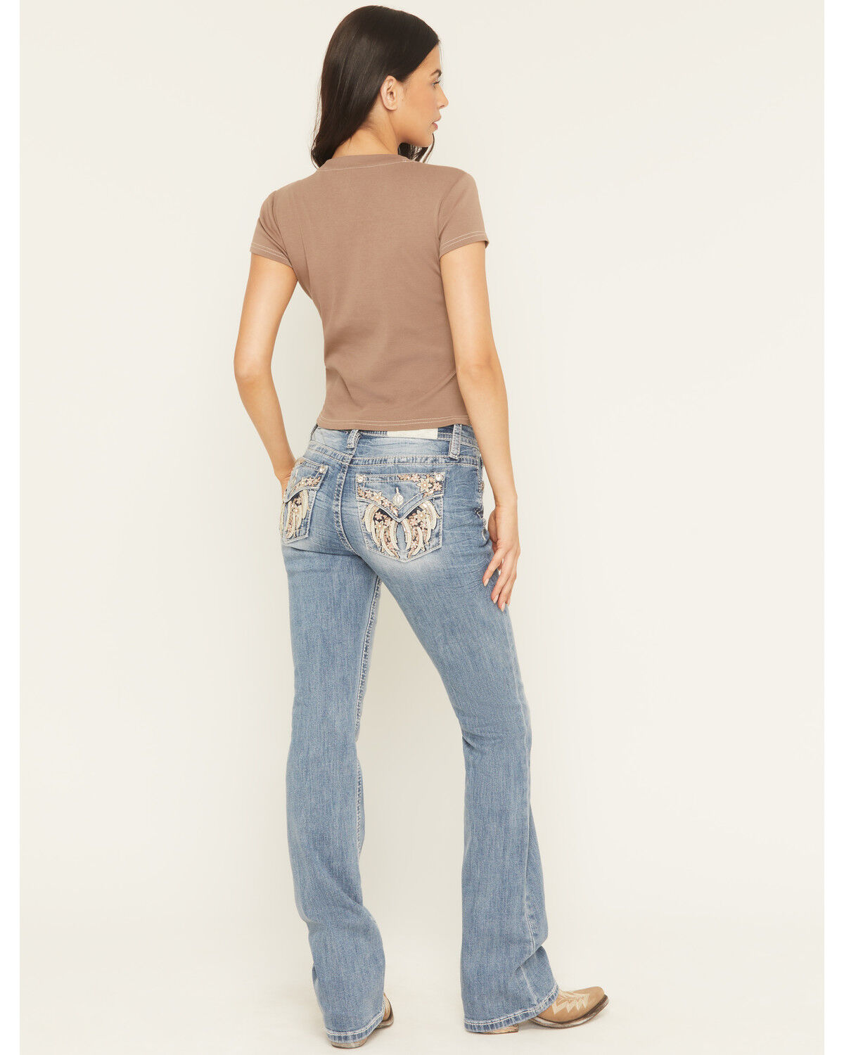 Image #1 - Miss Me Women's Light Wash Floral Wing Pocket Bootcut Jeans, Light Wash, hi-res