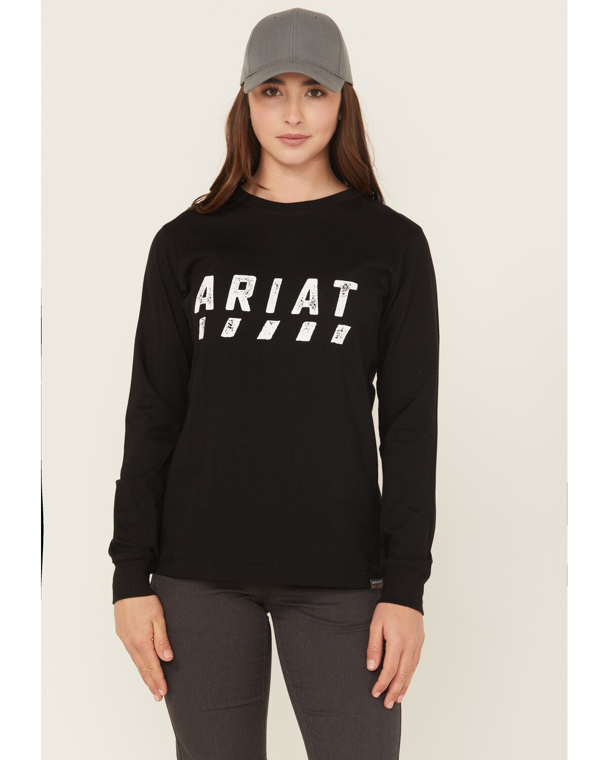 Image #1 - Ariat Women's Rebar Cotton Strong Logo Long Sleeve Work Tee, Black, hi-res