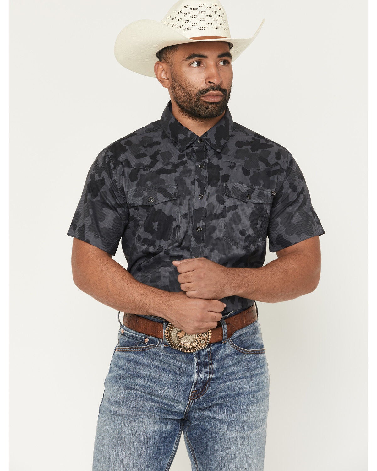 Image #1 - Rock & Roll Denim Men's Tek Camo Print Short Sleeve Snap Stretch Western Shirt, Black, hi-res