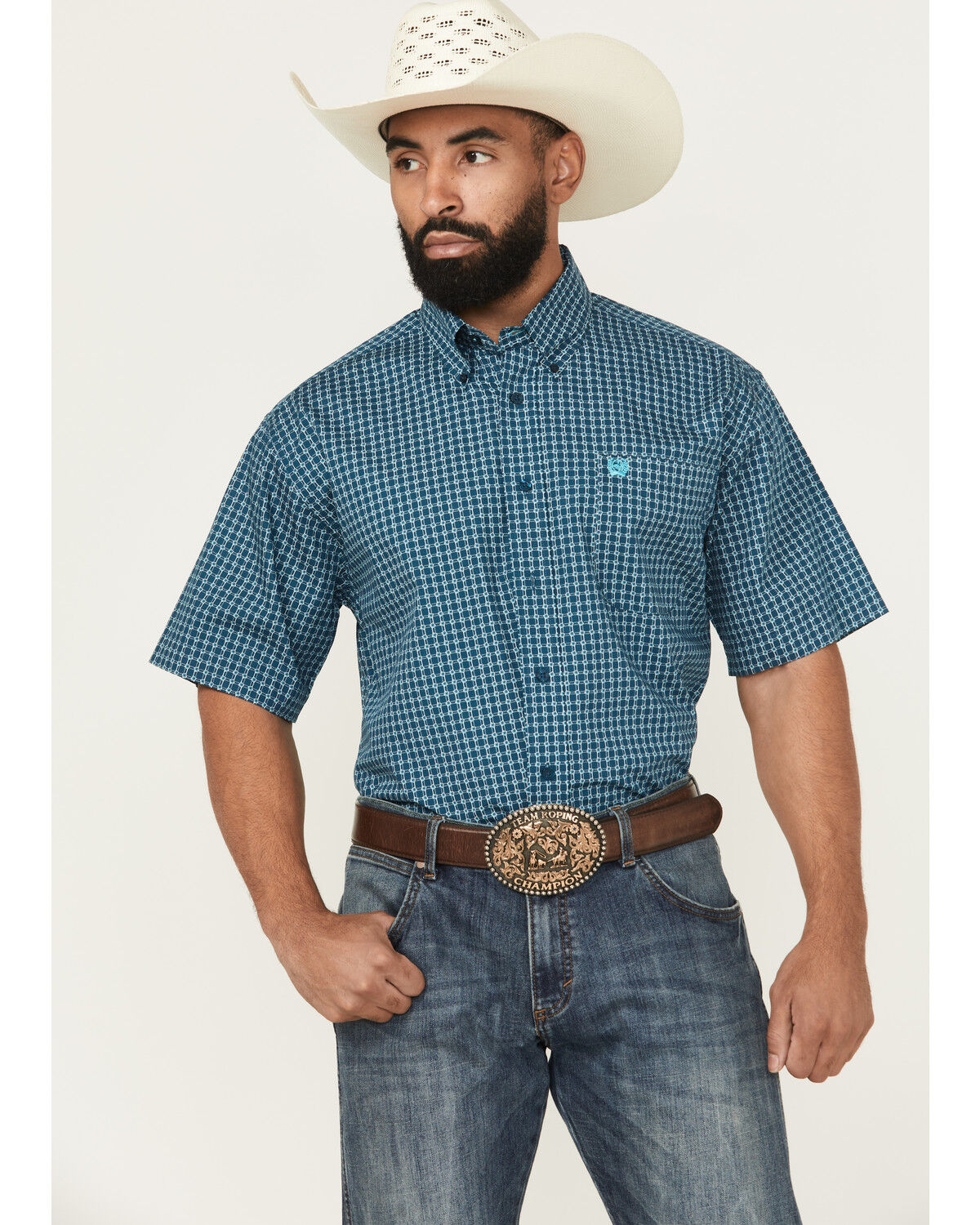 Image #1 - Cinch Men's Geo Print Short Sleeve Button-Down Western Shirt, Blue, hi-res