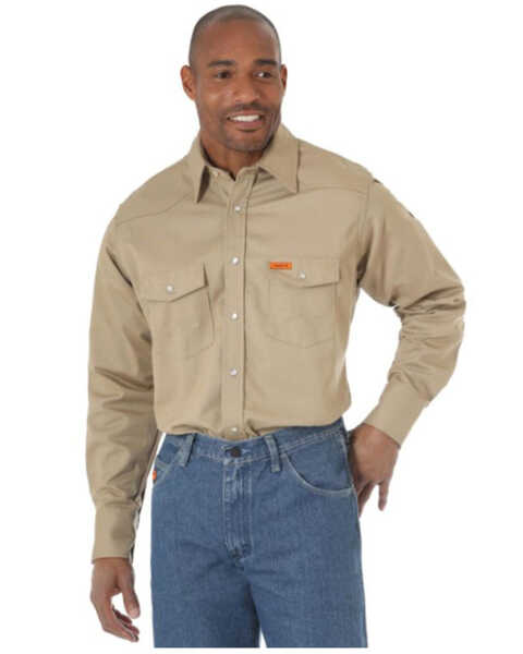 Image #1 - Wrangler Men's FR Long Sleeve Pearl Snap Work Shirt - Tall, Beige/khaki, hi-res
