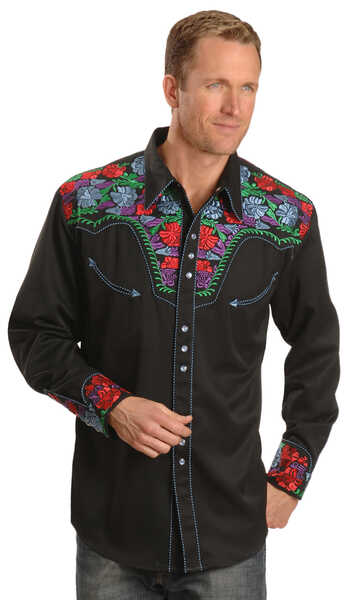 Scully Vibrant Floral Embroidered Retro Western Shirt - Big & Tall, Blue, hi-res