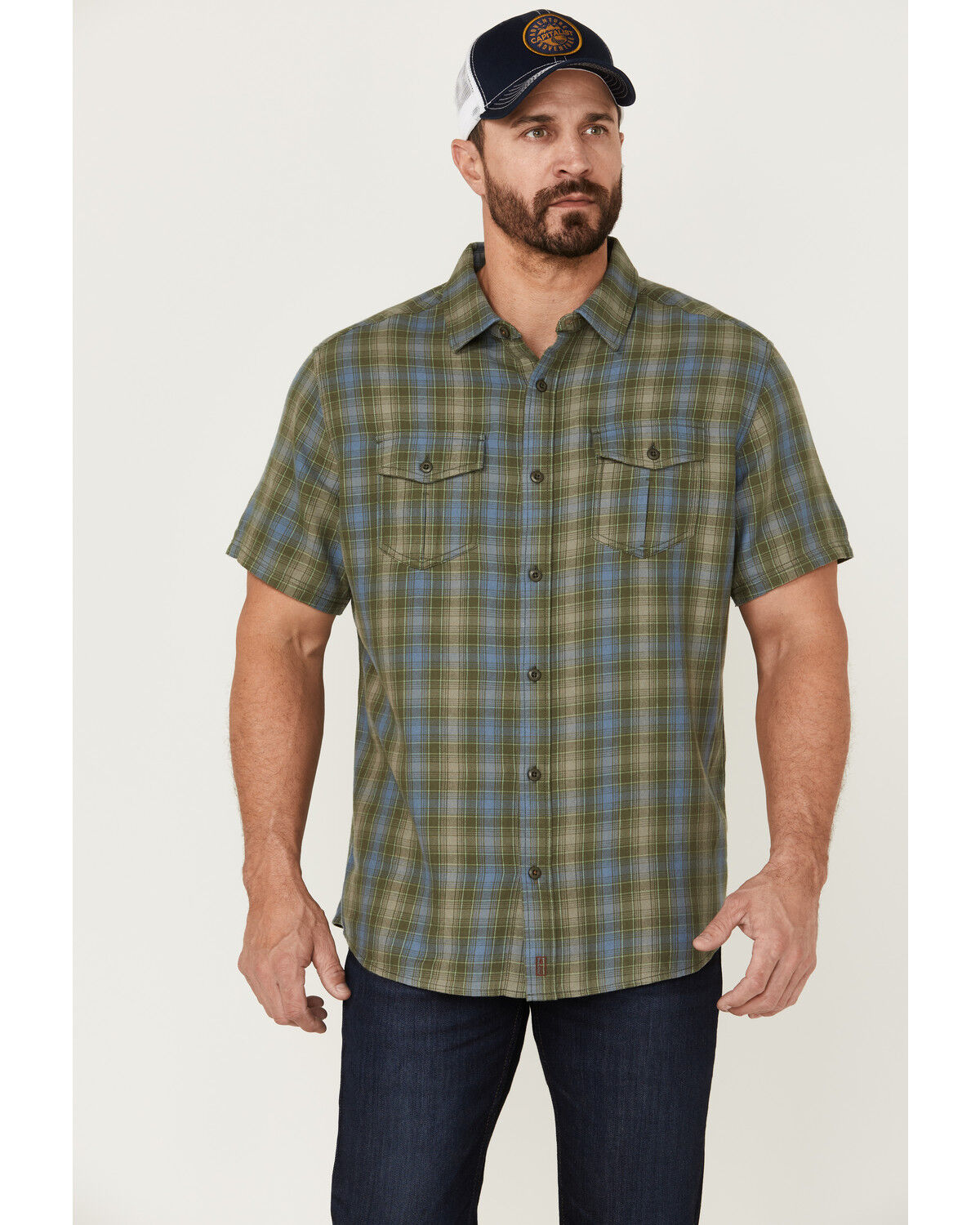 Image #1 - Brothers and Sons Men's Plaid Casual Woven Short Sleeve Button-Down Western Shirt, Olive, hi-res