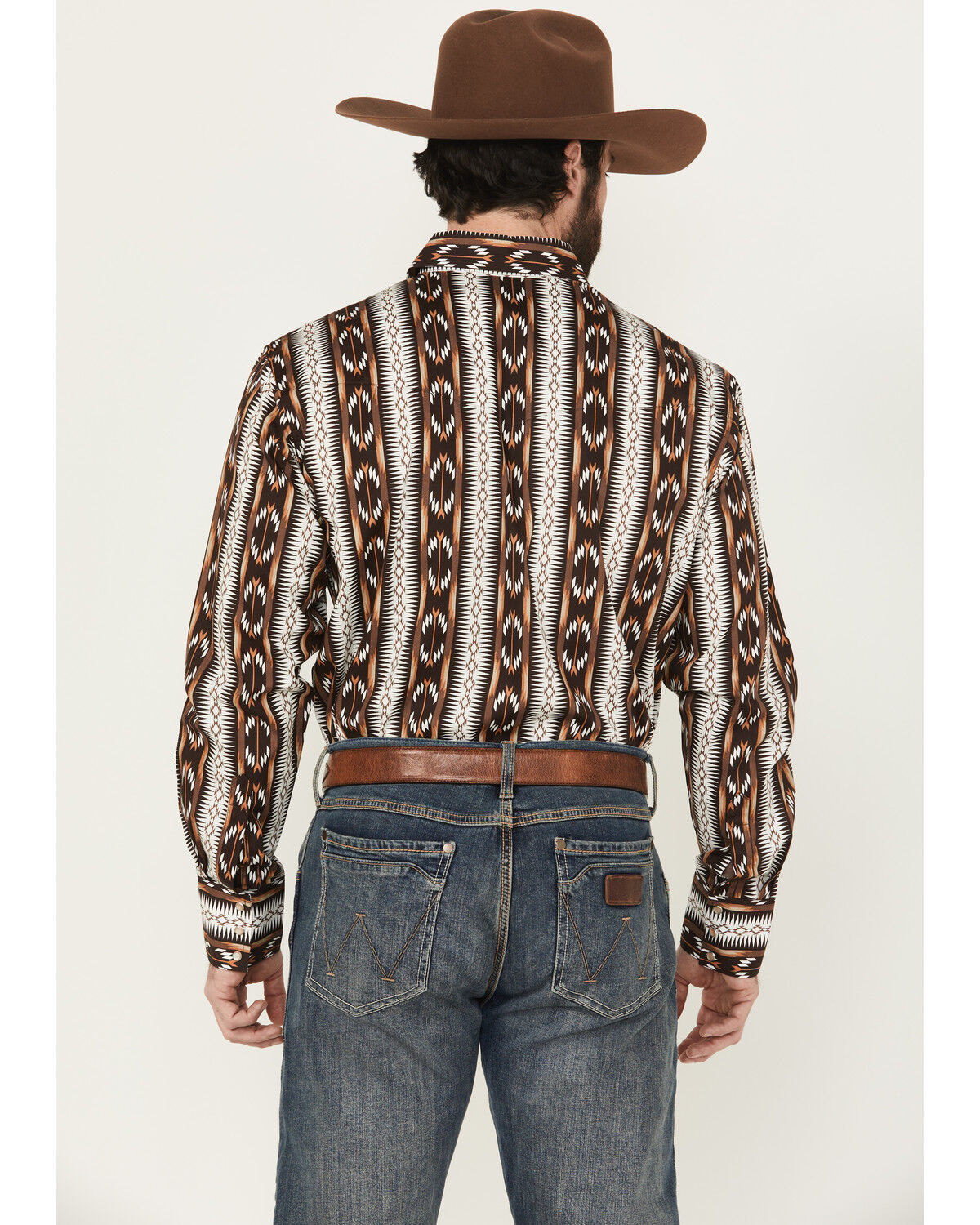 Image #4 - Wrangler Men's Checotah Southwestern Striped Print Long Sleeve Pearl Snap Western Shirt, Brown, hi-res