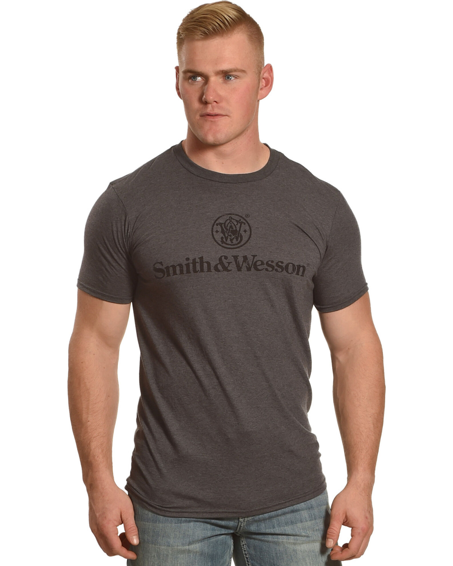 Image #1 - Smith & Wesson Men's Distressed Logo Premium Tee, Charcoal, hi-res