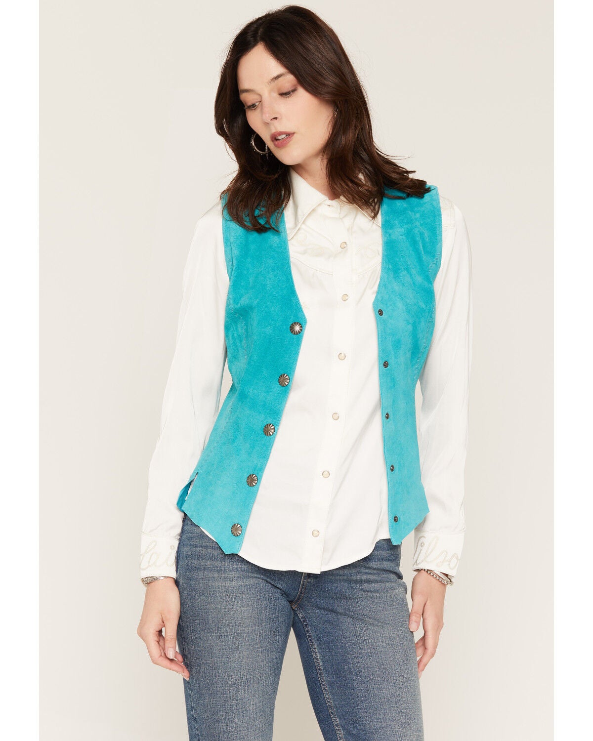 Scully Women's Suede Snap Front Vest, Teal, hi-res