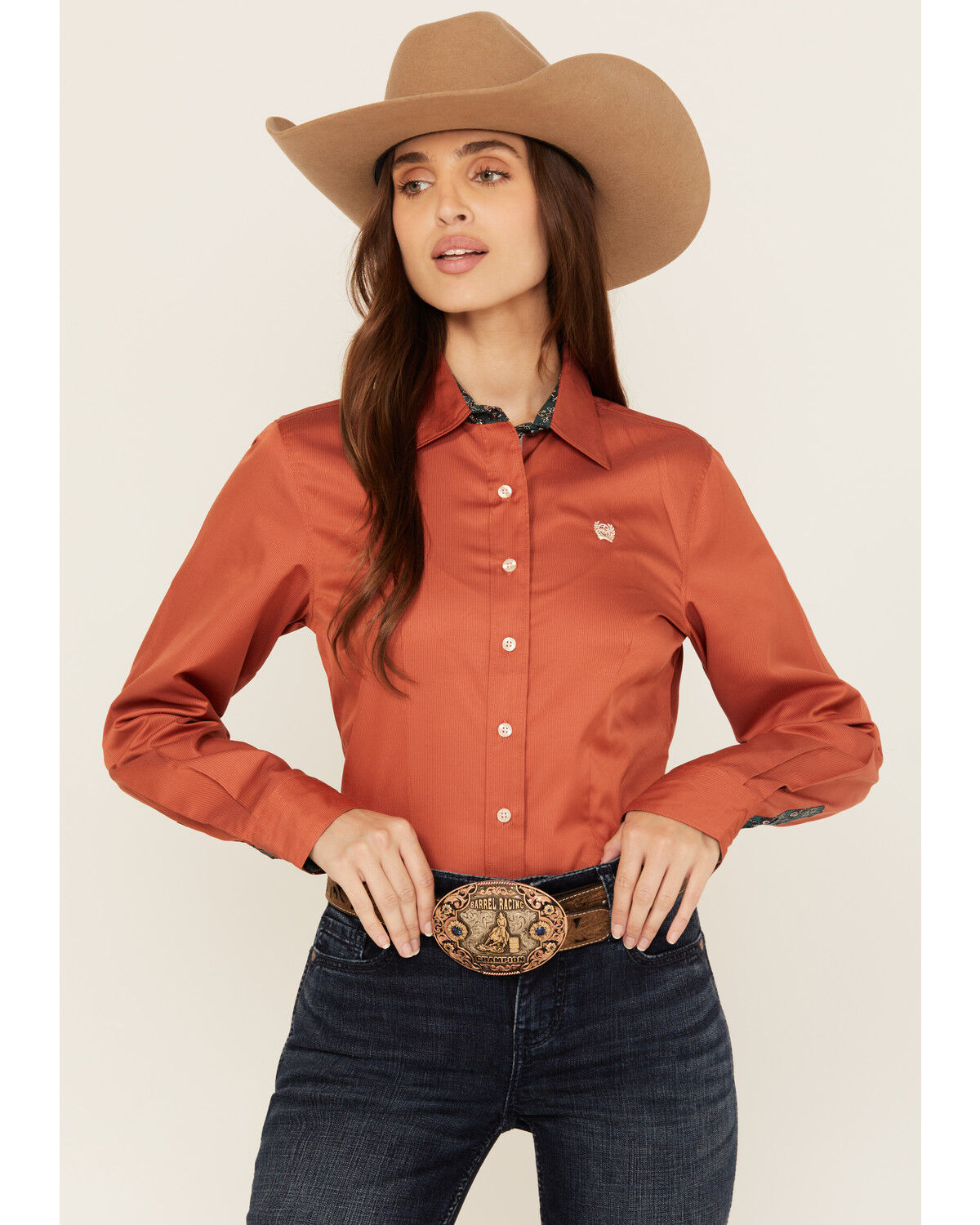 Image #1 - Cinch Women's Tonal Striped Long Sleeve Button-Down Western Shirt, Coral, hi-res
