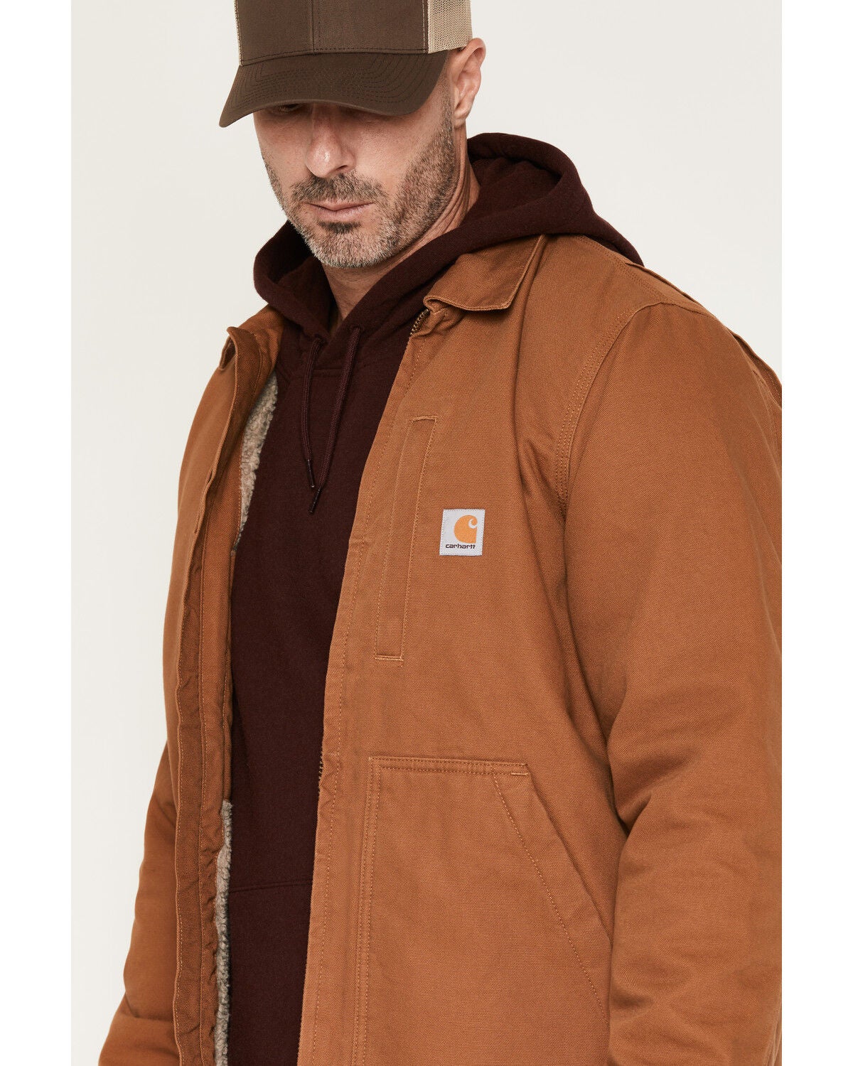 Image #2 - Carhartt Men's Loose Fit Washed Duck Sherpa Lined Coat, Brown, hi-res