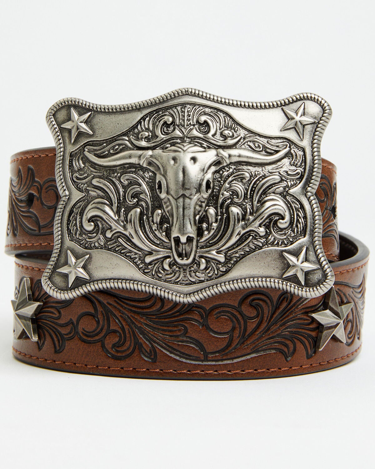 Cody James Boys' Longhorn Plaque Buckle with Star Concho Belt, Dark Brown, hi-res
