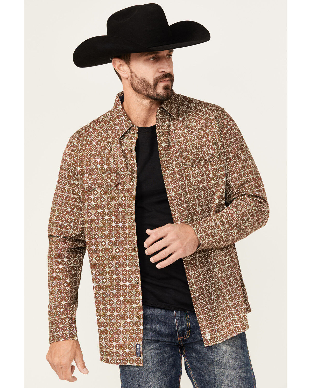Image #1 - Moonshine Spirit Men's Time Bomb Geo Print Long Sleeve Snap Western Shirt, Brown, hi-res