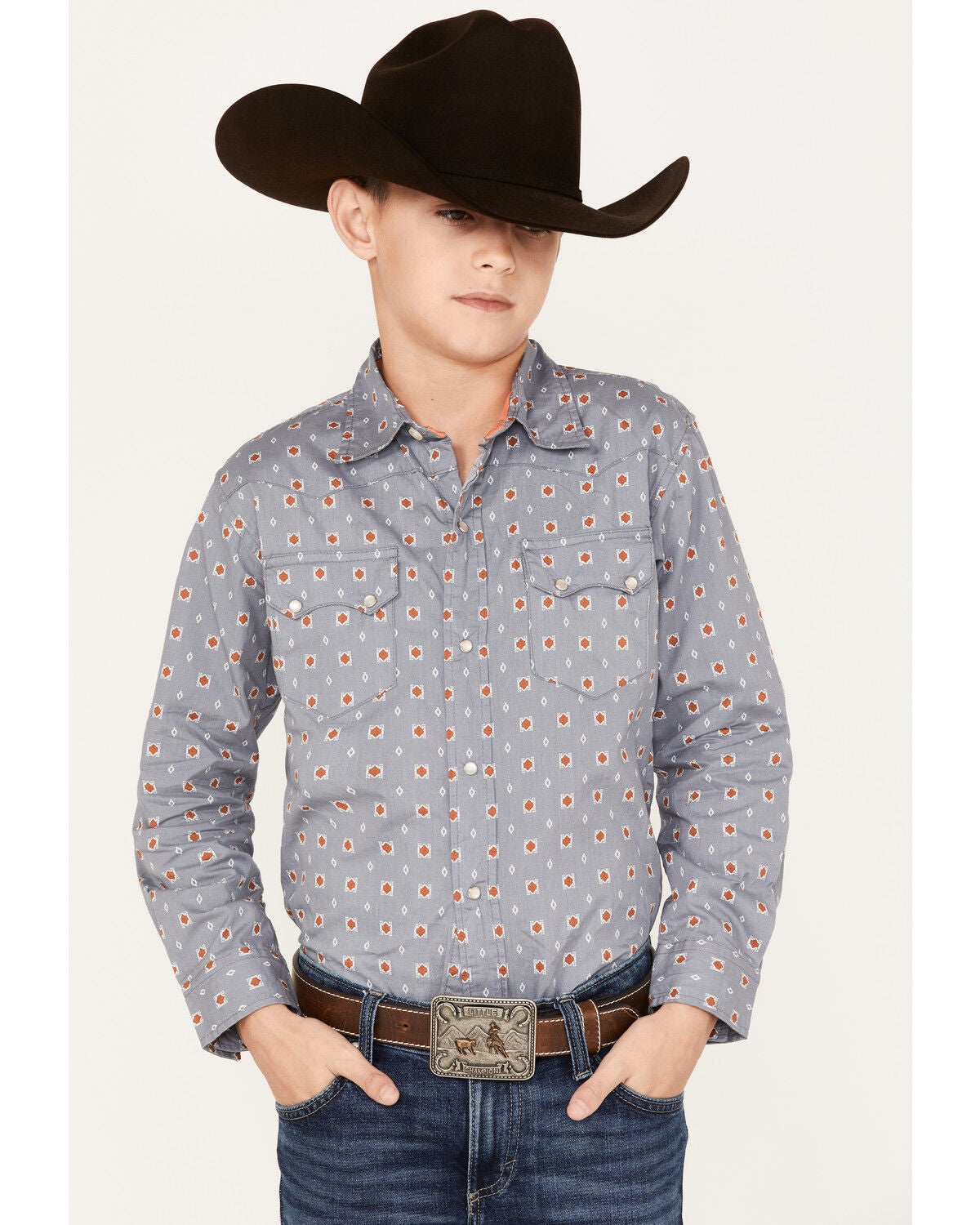 Roper Boys' West Made Geo Print Pearl Snap Western Shirt, Grey, hi-res