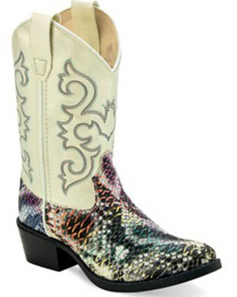Old West Boys' Snake Print Western Boots - Broad Square Toe, Cream, hi-res