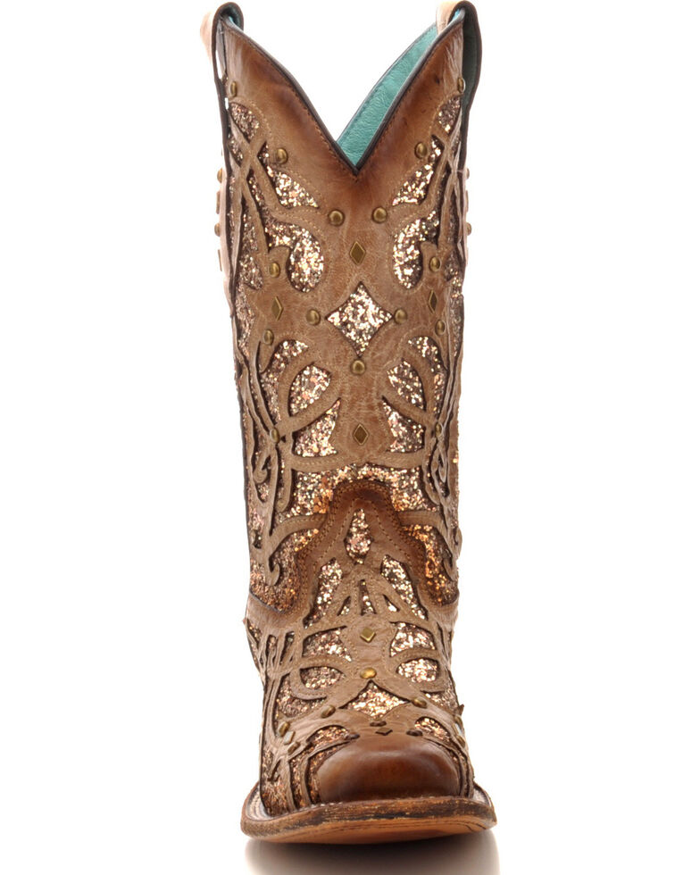 Corral Women's Orix Glitter Inlay & Studded Cowgirl Boots - Square Toe, Brown, hi-res