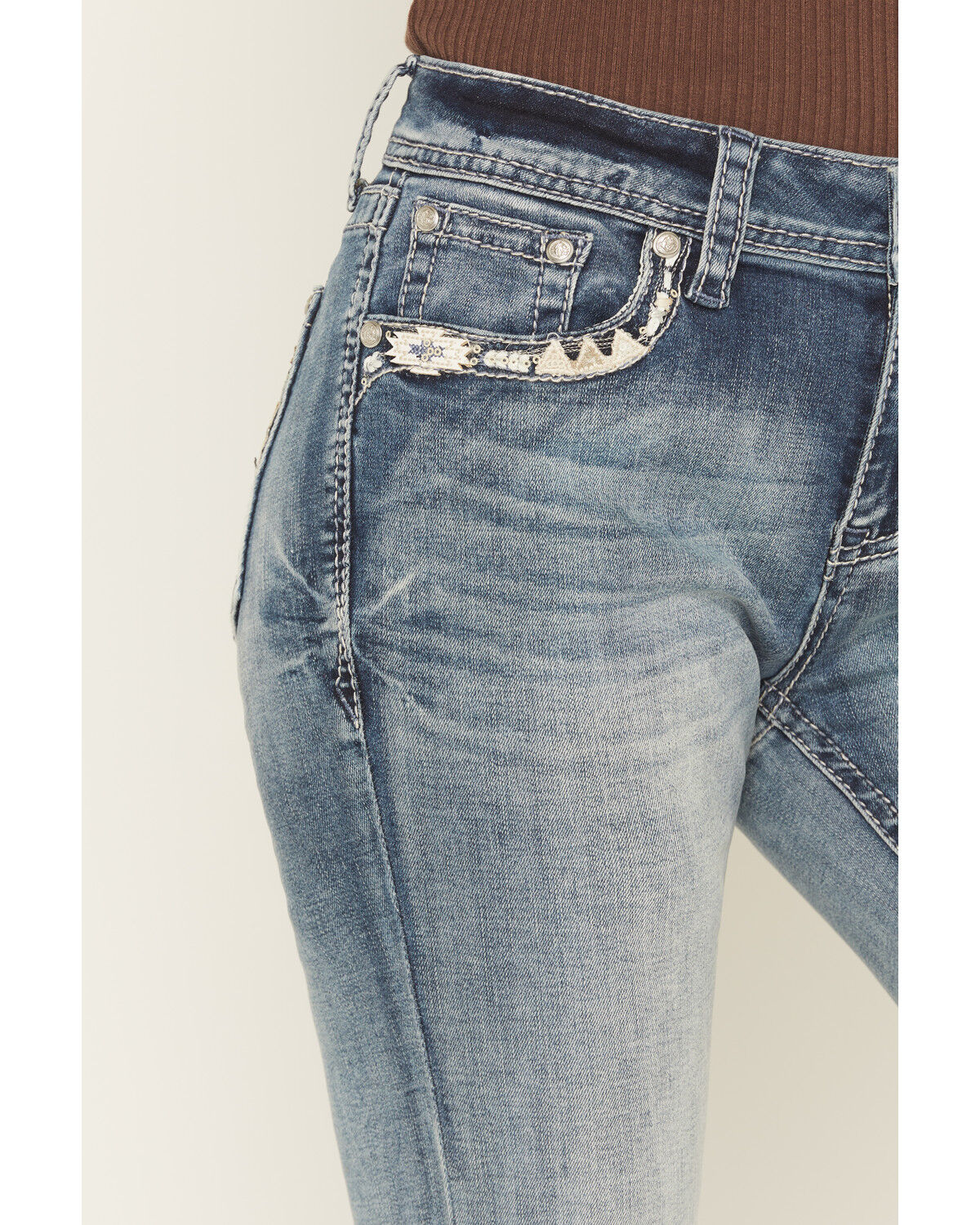 Image #4 - Grace In LA Women's Medium Wash Mid Rise Geo Embroidered Bootcut Stretch Denim Jeans, Medium Wash, hi-res