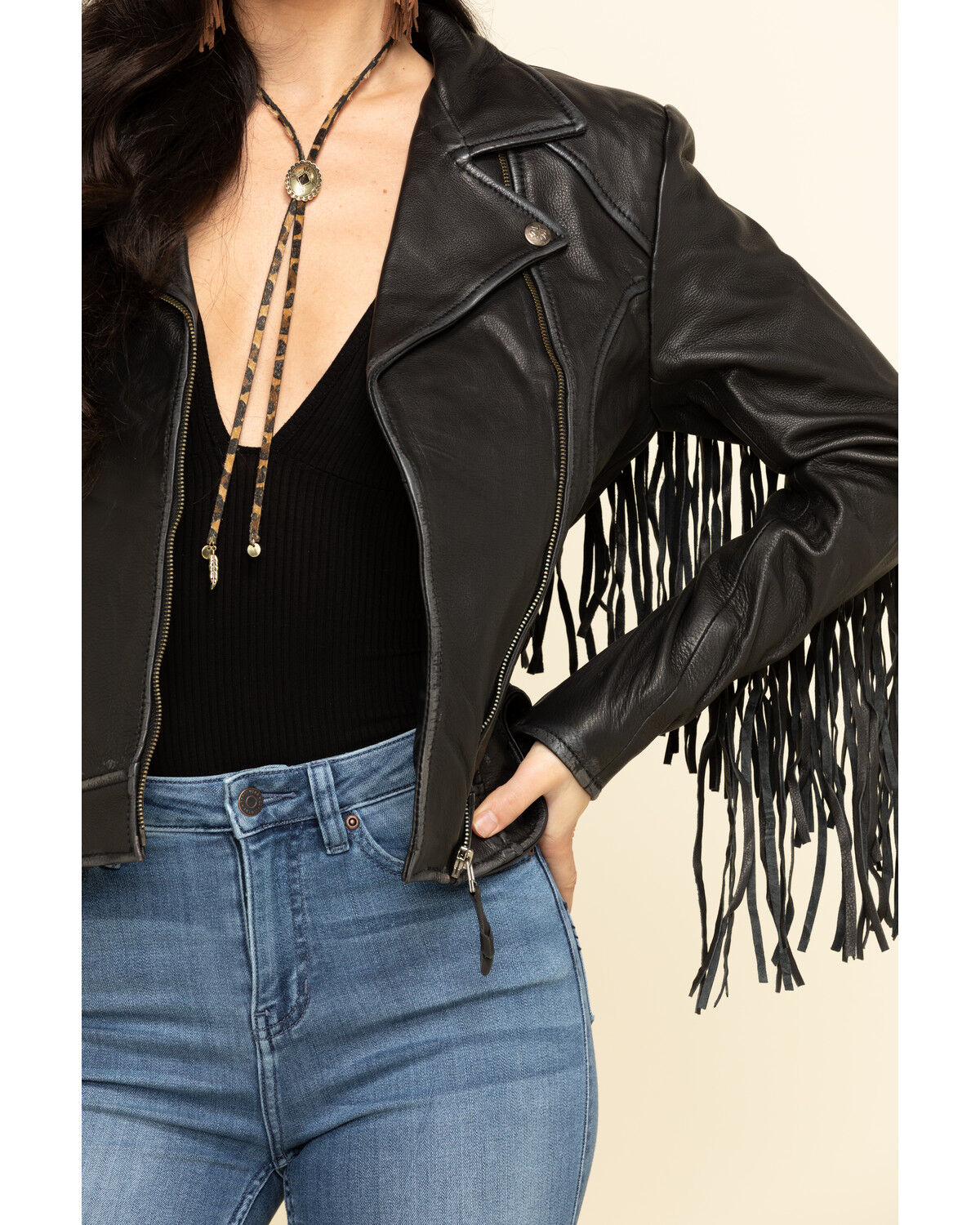 Womens black leather jacket with fringe clearance