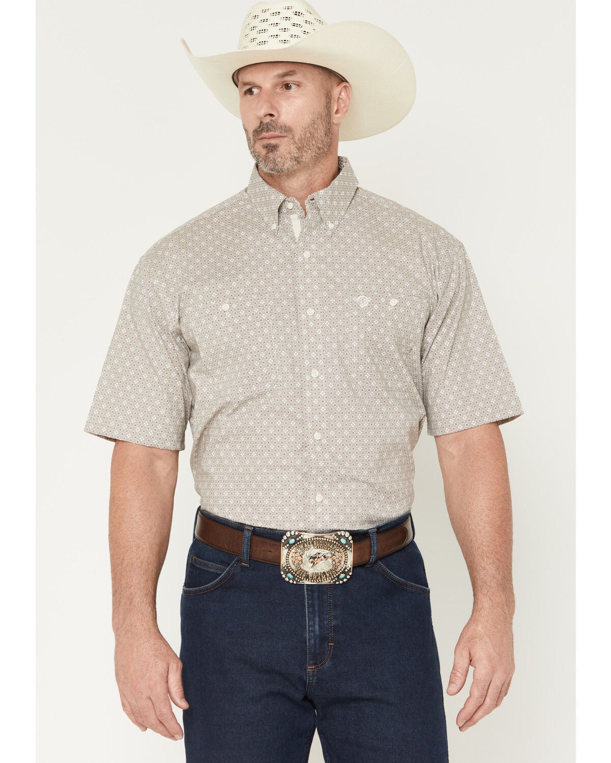 Image #1 - George Strait by Wrangler Men's Floral Geo Print Short Sleeve Button-Down Stretch Western Shirt, Brown, hi-res