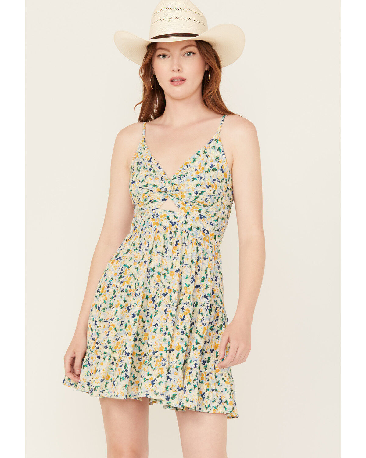 Image #1 - Angie Women's Floral Print Knot Front Mini Dress, Multi, hi-res