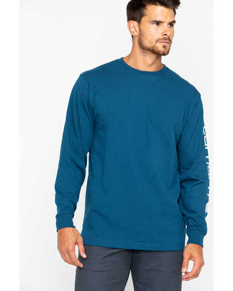 Carhartt Men's Loose Fit Heavyweight Long Sleeve Logo Graphic Work T-Shirt - Tall, Blue, hi-res