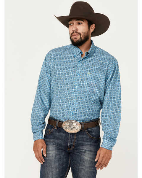 Cinch Men's ARENAFLEX Geo Print Long Sleeve Button-Down Western Shirt , Blue, hi-res