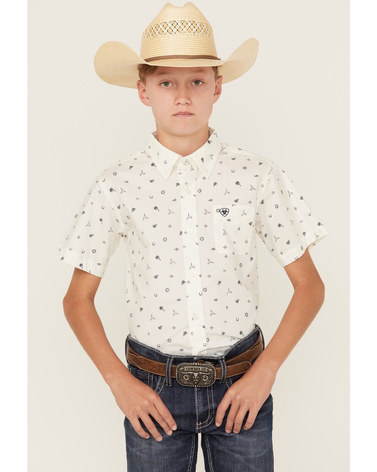 Ariat Boys' Conversation Print Short Sleeve Button-Down Western Shirt, White, hi-res