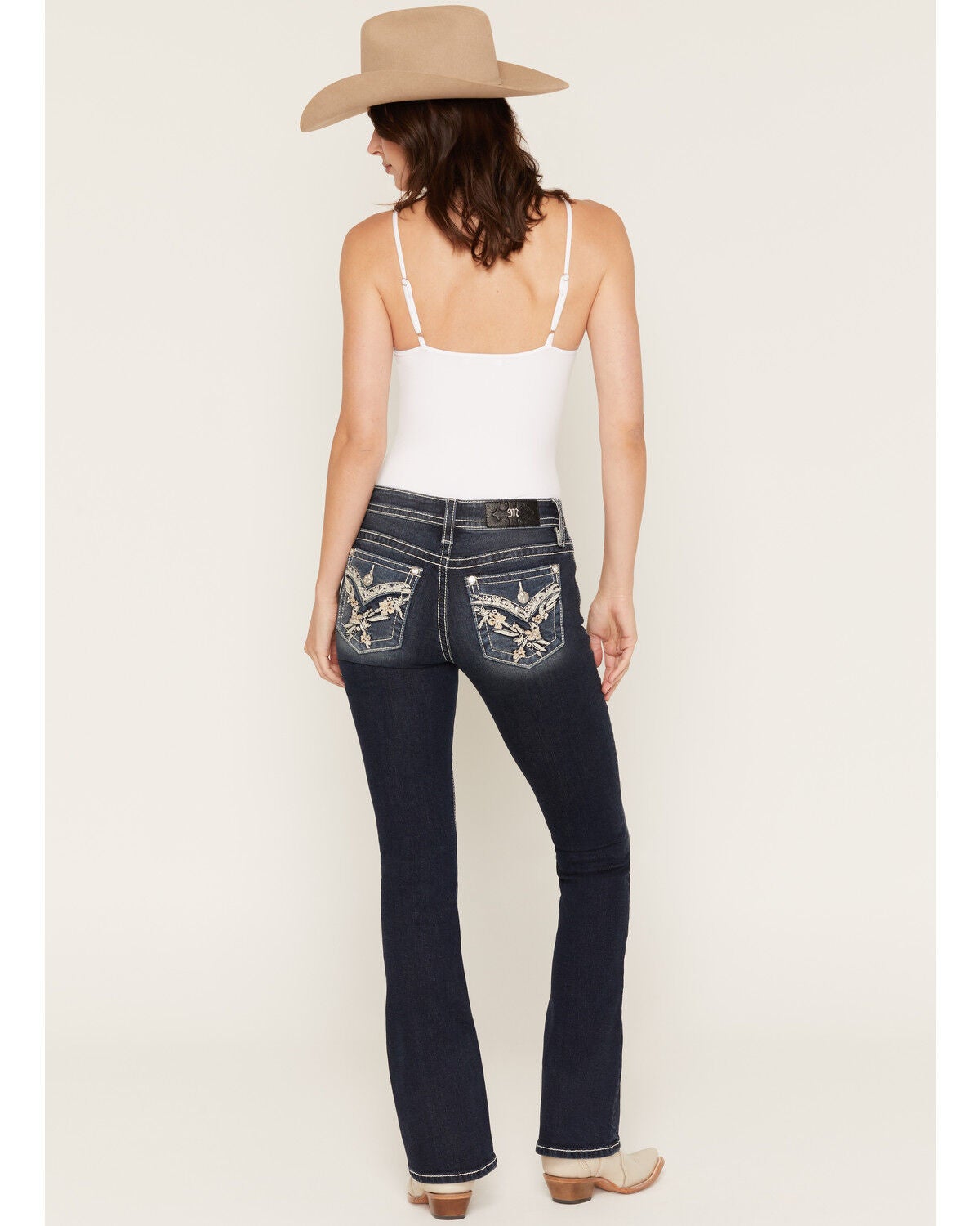 Miss Me Women's Dark Wash Floral Pocket 32" Bootcut Stretch Denim Jeans, Dark Wash, hi-res
