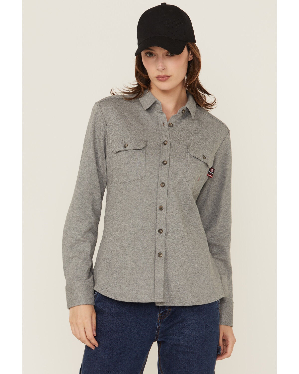 Forge Workwear Women's FR Knit Long Sleeve Button-Down Work Shirt, Grey, hi-res