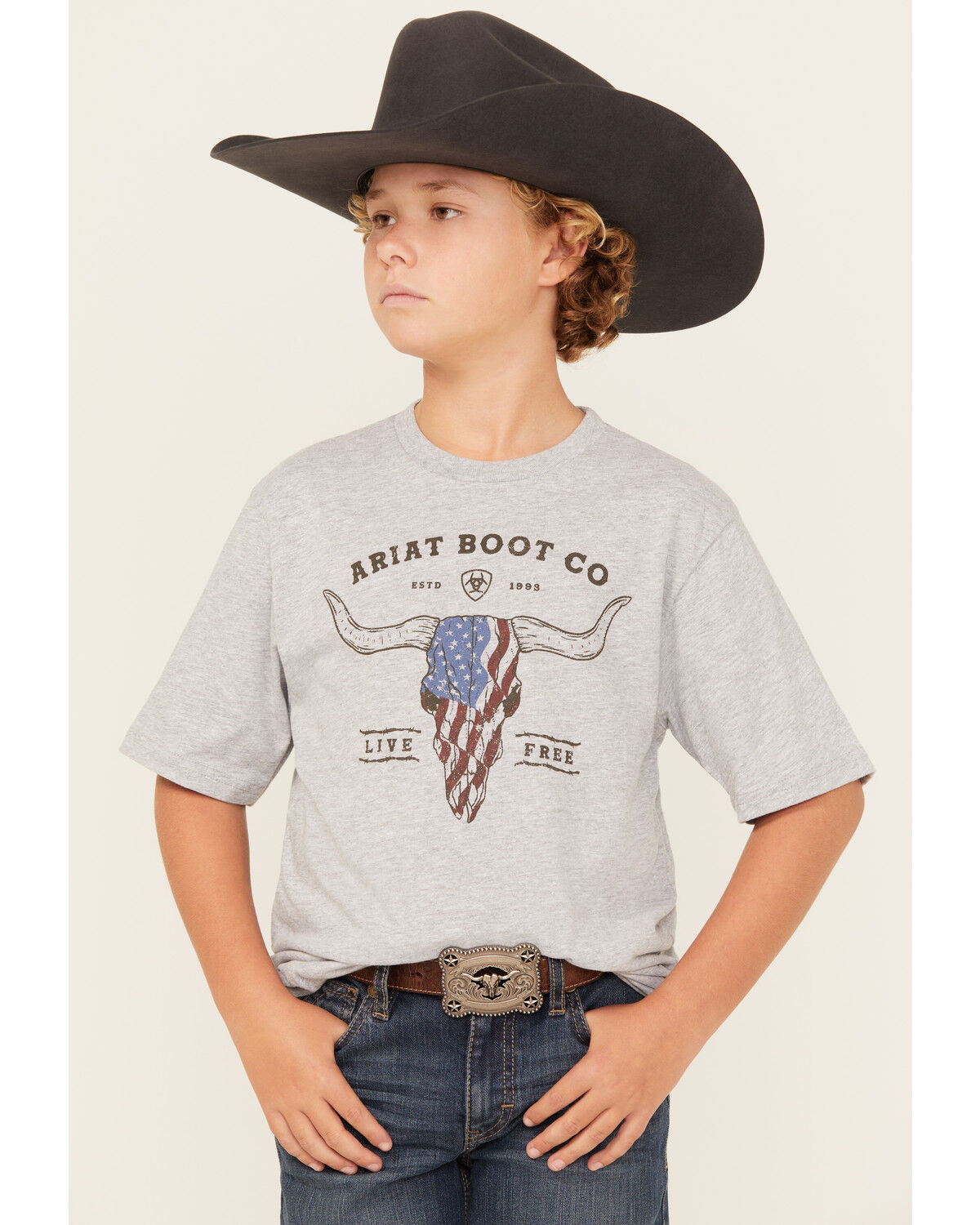 Image #1 - Ariat Boys' Steerhead Americana Short Sleeve Graphic T-Shirt, Grey, hi-res