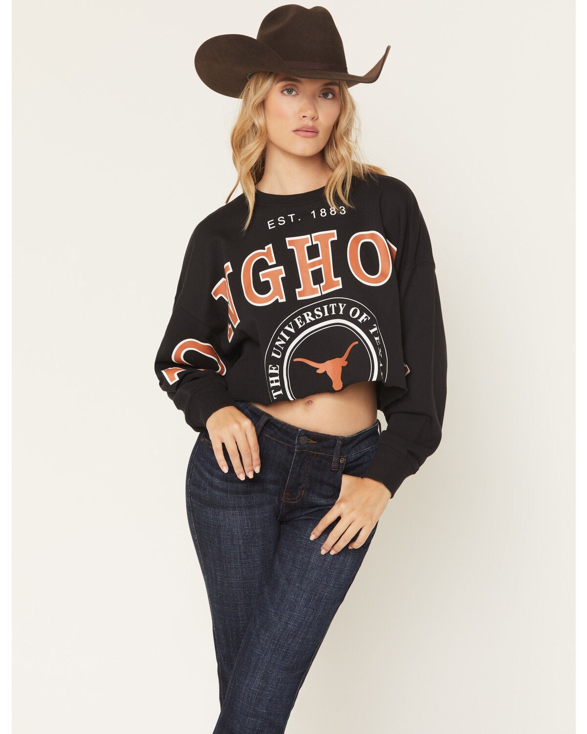 Gameday Women's UT Split Long Sleeve Cropped Graphic Tee, Black, hi-res