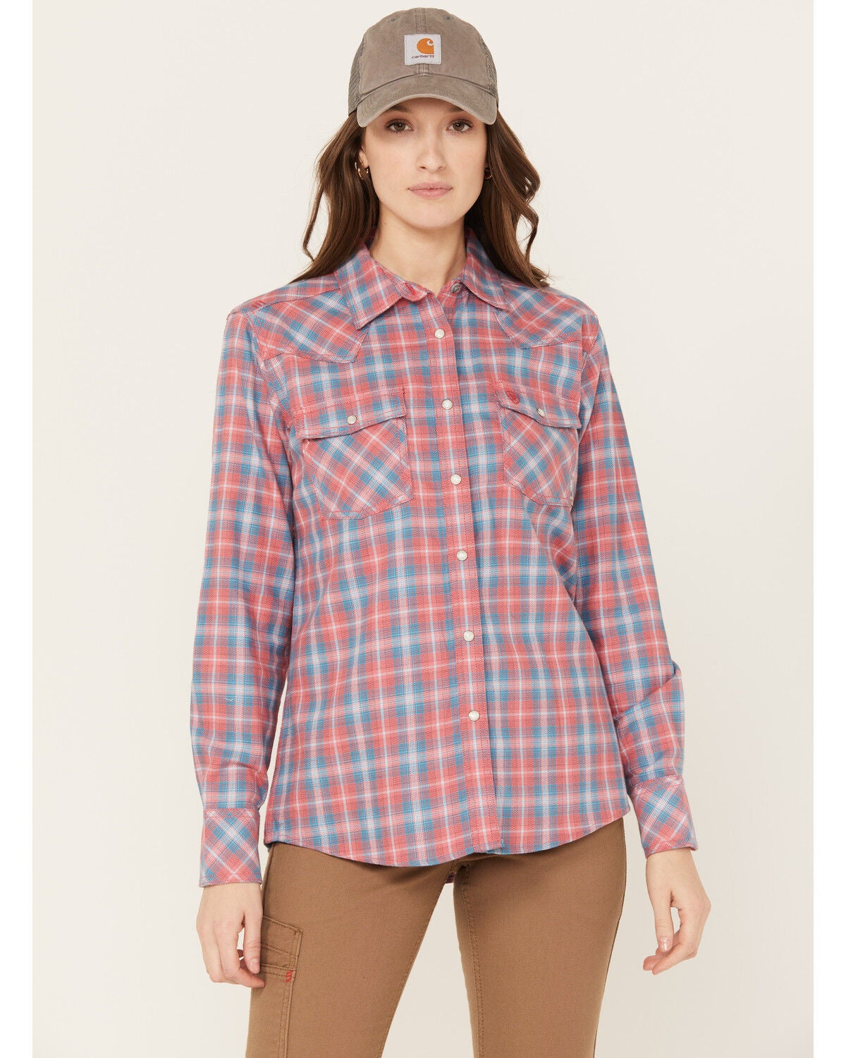 Ariat Women's FR Plaid Print Long Sleeve Button-Down Work Shirt, Coral, hi-res