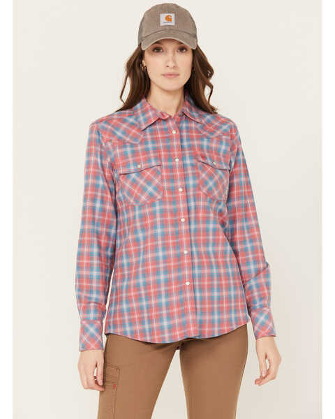 Ariat Women's FR Plaid Print Long Sleeve Button Down Work Shirt, Coral, hi-res