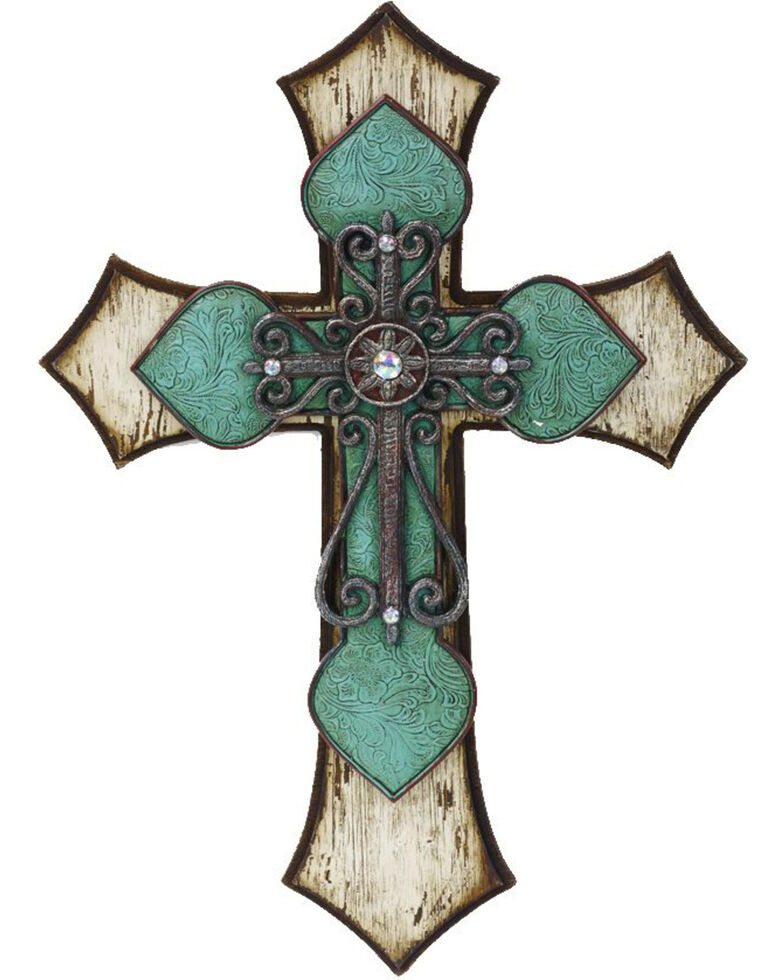 HiEnd Accents Wooden Cross with Tooled Turquoise Detail , Turquoise, hi-res