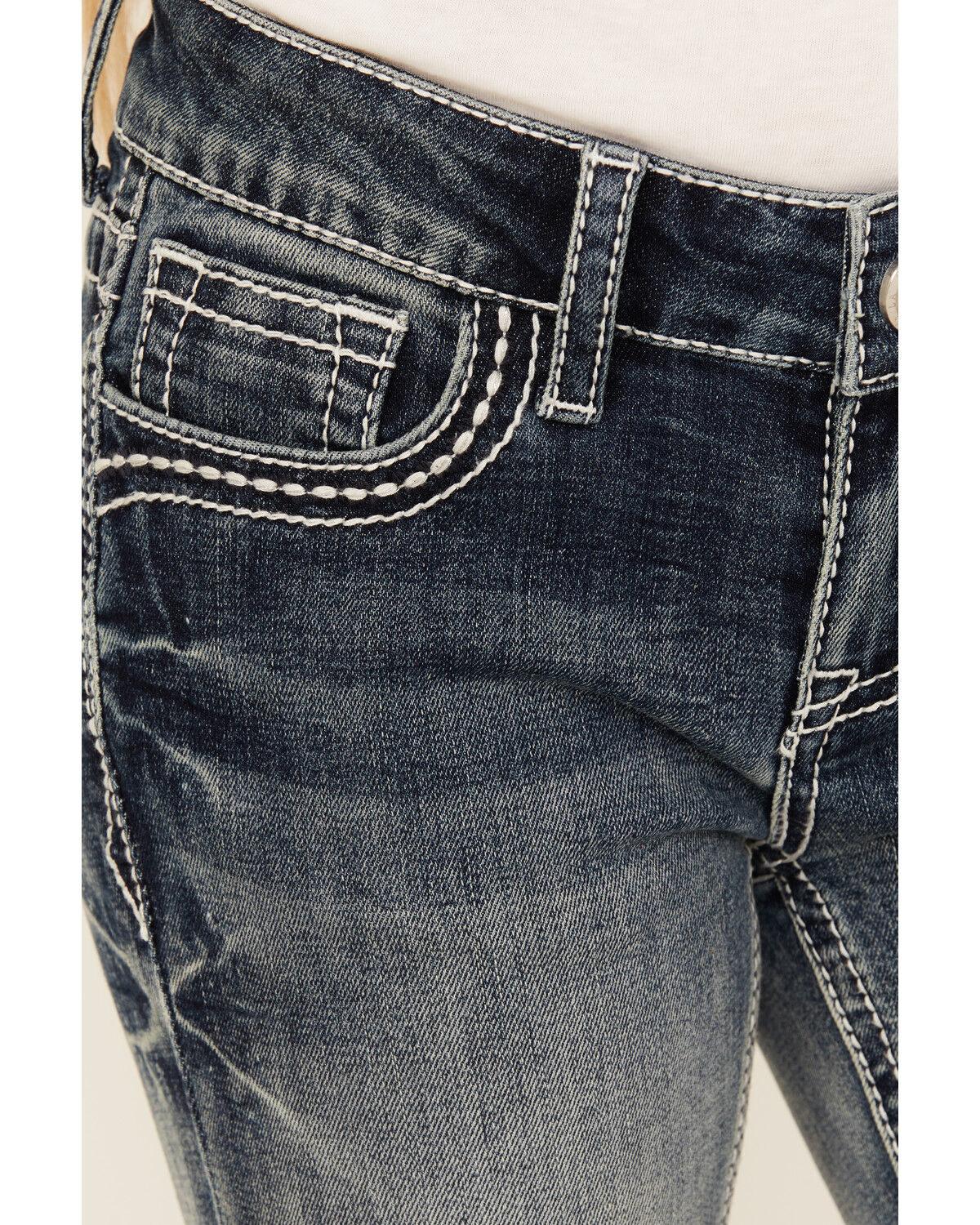 Image #4 - Grace In LA Girls' Dark Wash Fleur De Lis Bootcut Stretch Denim Jeans, Blue, hi-res