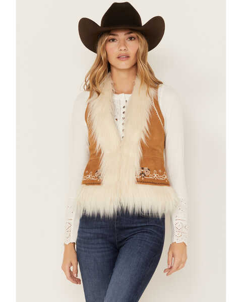 Image #1 - Shyanne Women's Fur Trim Embroidered Vest, Caramel, hi-res