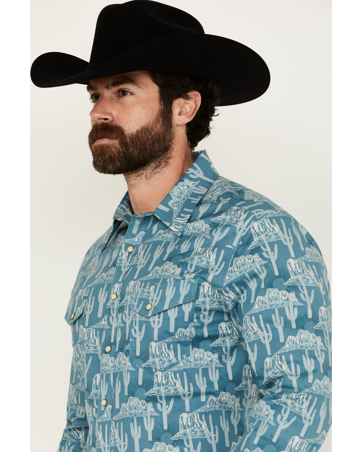 Image #2 - Rock & Roll Denim Men's Cactus Desert Print Long Sleeve Pearl Snap Stretch Western Shirt, Blue, hi-res