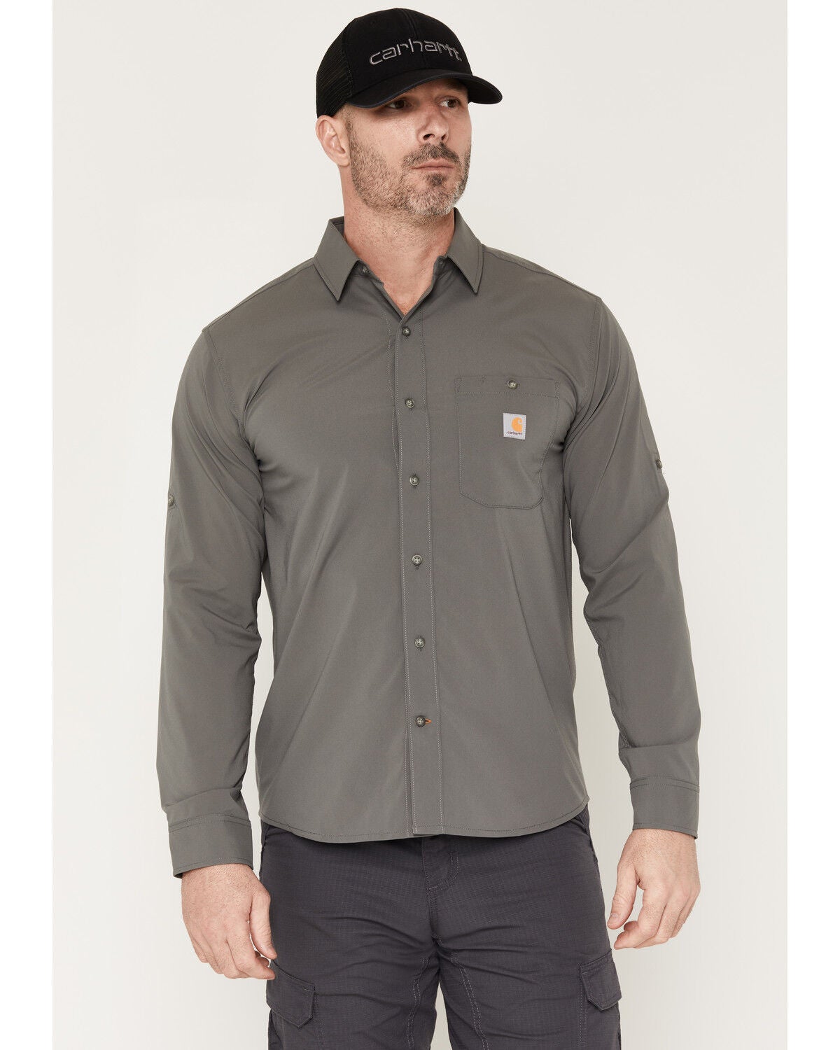 Image #1 - Carhartt Men's Force Sun Defender&trade; Relaxed Fit Lightweight Long Sleeve Button-Down Shirt, Steel, hi-res