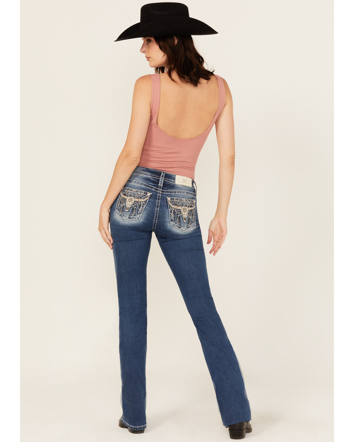 Image #1 - Miss Me Women's Medium Wash Mid Rise Steer Head Bootcut Stretch Denim Jeans, Medium Wash, hi-res