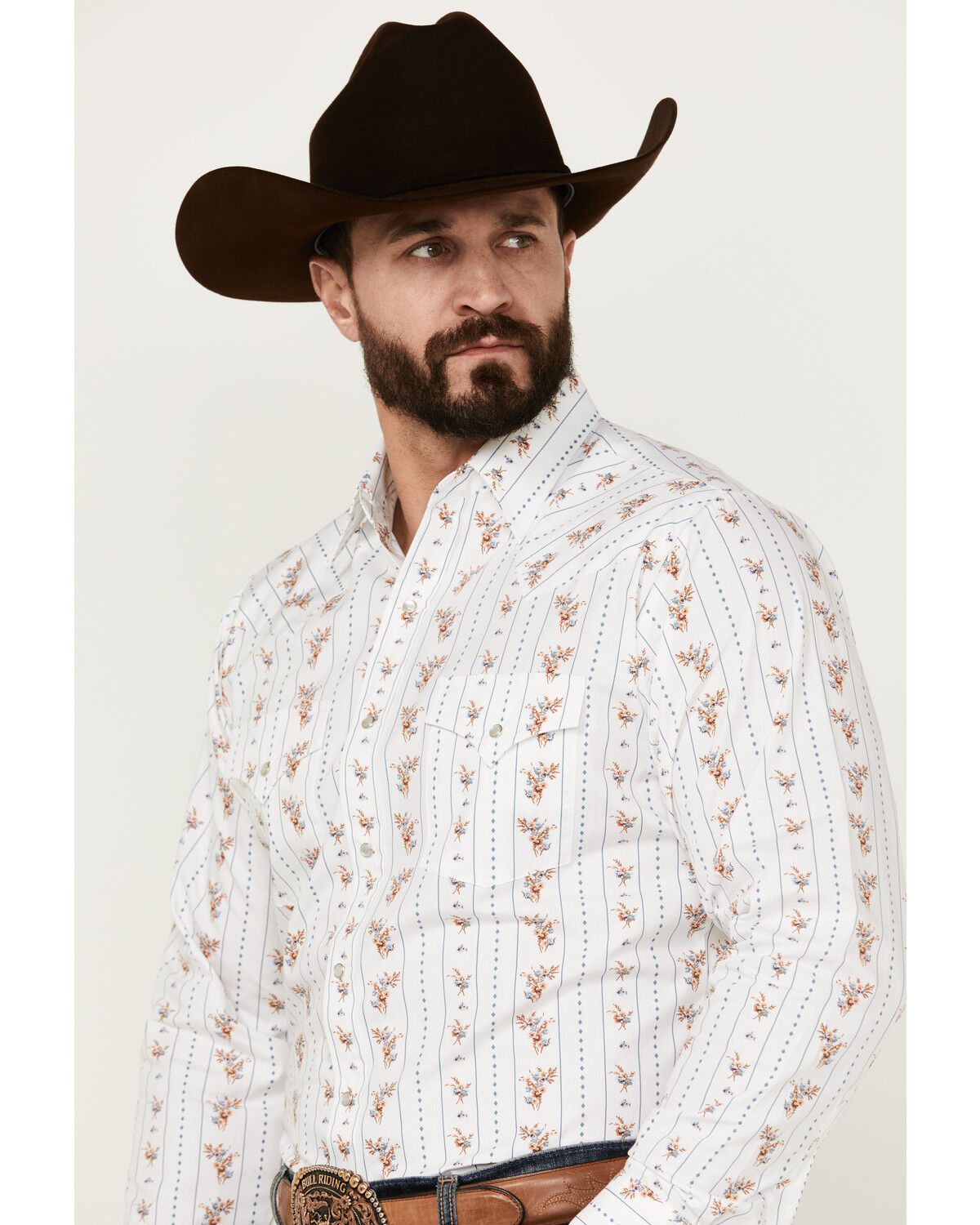 Image #2 - Ely Walker Men's Floral Striped Long Sleeve Pearl Snap Western Shirt, White, hi-res