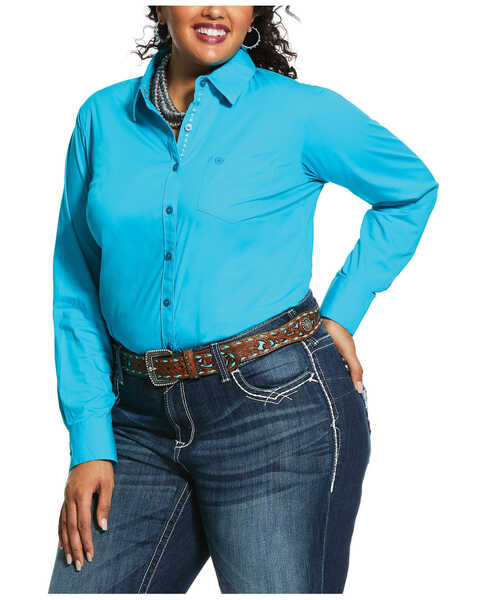 Ariat Women's Kirby Bluebird Stretch Button Down Long Sleeve Shirt - Plus, Turquoise, hi-res